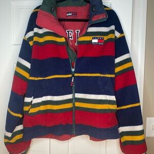 90s TOMMY HILFIGER Red Puffer Jacket with Striped Accents REVERSIBLE